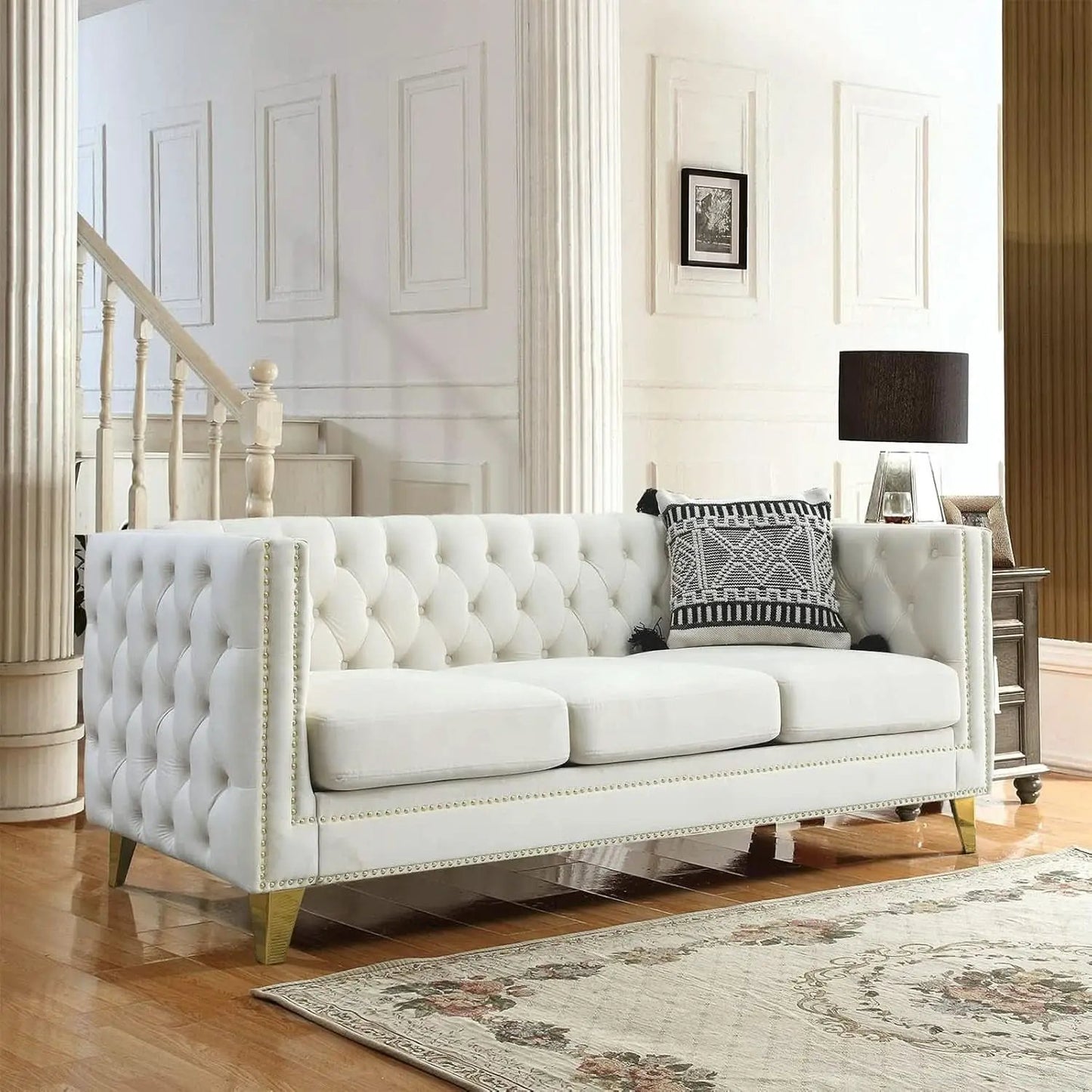 Velvet Beige 80-Inch Sofa Set With 58-Inch Loveseat And Gold Nail Heads from PriceLows™