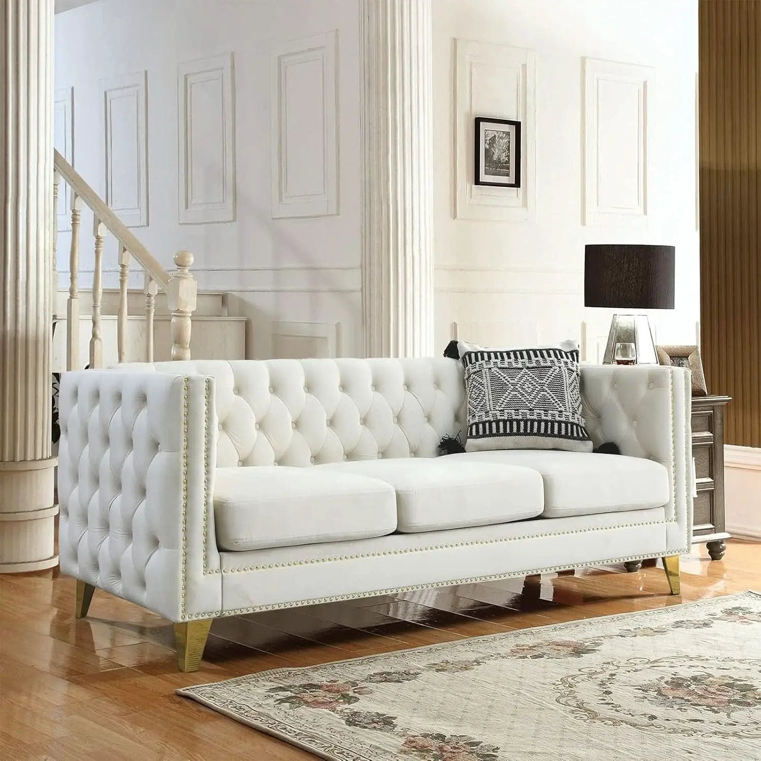 Velvet Beige 80-Inch Sofa Set With 58-Inch Loveseat And Gold Nail Heads from PriceLows™