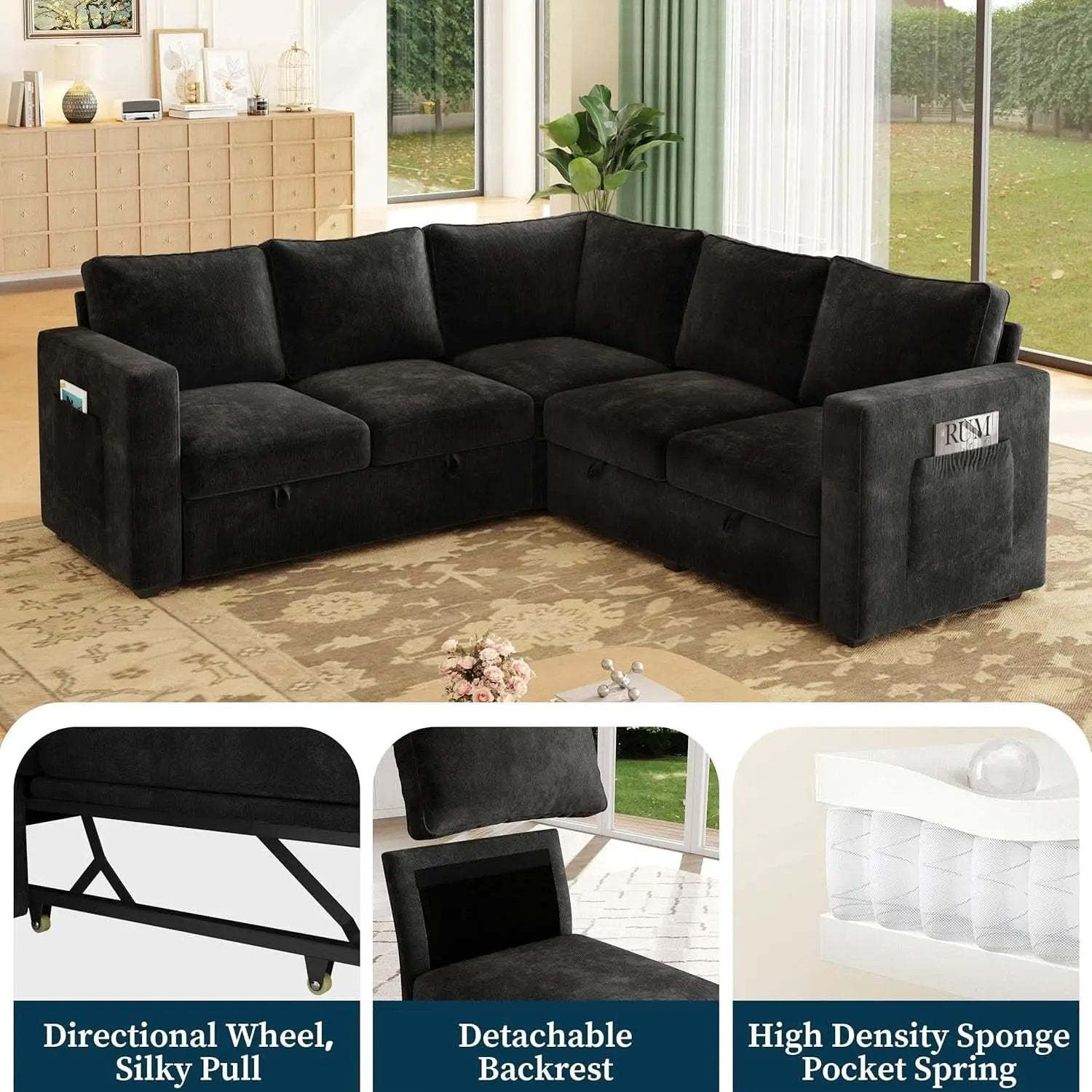 Black 83Inch Deluxe Sleeper Sectional Sofa With Storage from PriceLows™