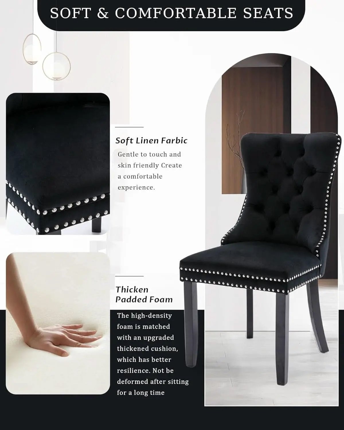 Black Velvet Tufted Dining Chairs With Nailhead Trim Set of 2 from PriceLows™