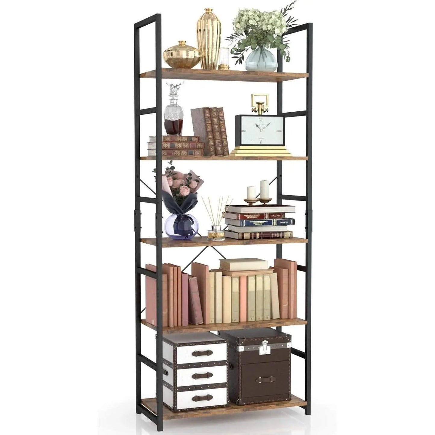 Tall 5 Shelf Vintage Bookcase With Metal Frame Storage from PriceLows™