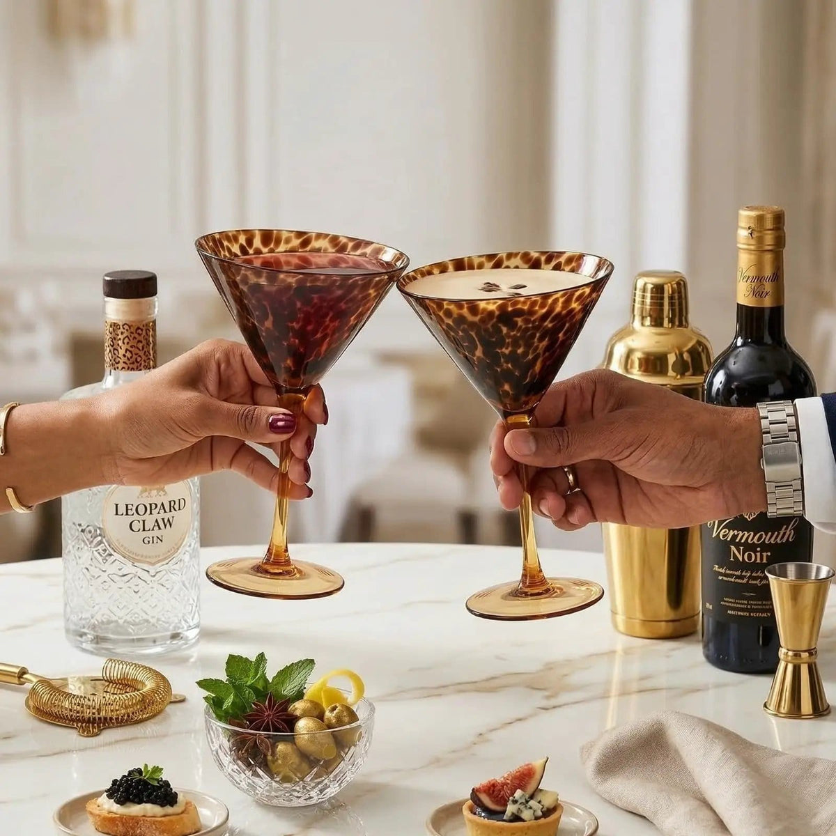 Tortoise Leopard Print Martini 9oz -, 7.1" Spotted Borosilicate Cocktail | 9 oz | Set of 2 | Glass
