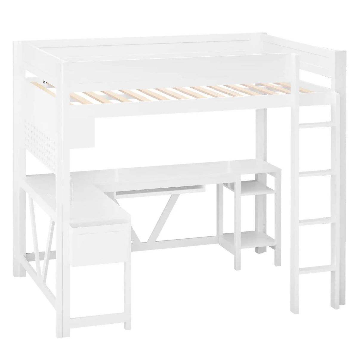 Gaming Loft Bed With Desk | Open Shelf And Fabric Storage Bag | Adjustable LED | Charging Station