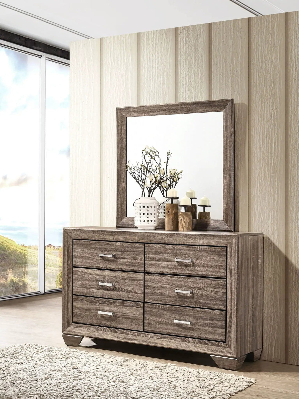 Kauffman 6-drawer Dresser with Mirror Washed | 59 x 16.5 x 76.25 in | Wood | Taupe