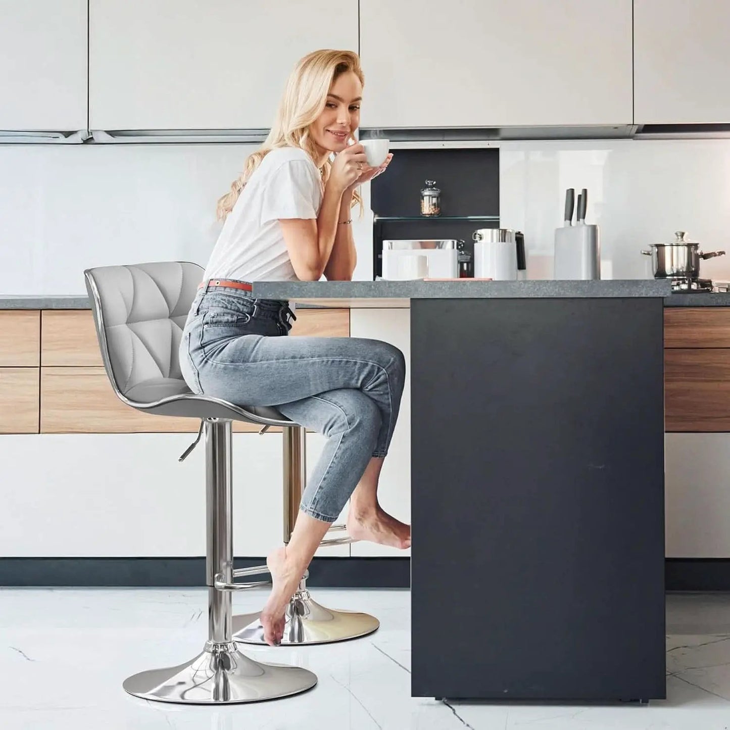 Bar Stools Set Of 2 Adjustable Swivel PU Leather Light Grey from PriceLows™