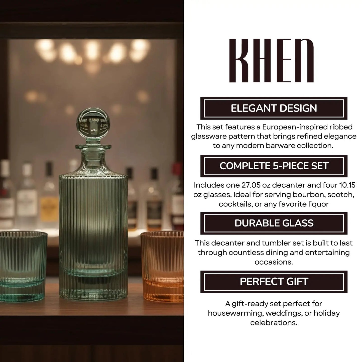 Khen Ribbed Decanter Set with 4 Glasses – Whiskey Bourbon Scotch from PriceLows™