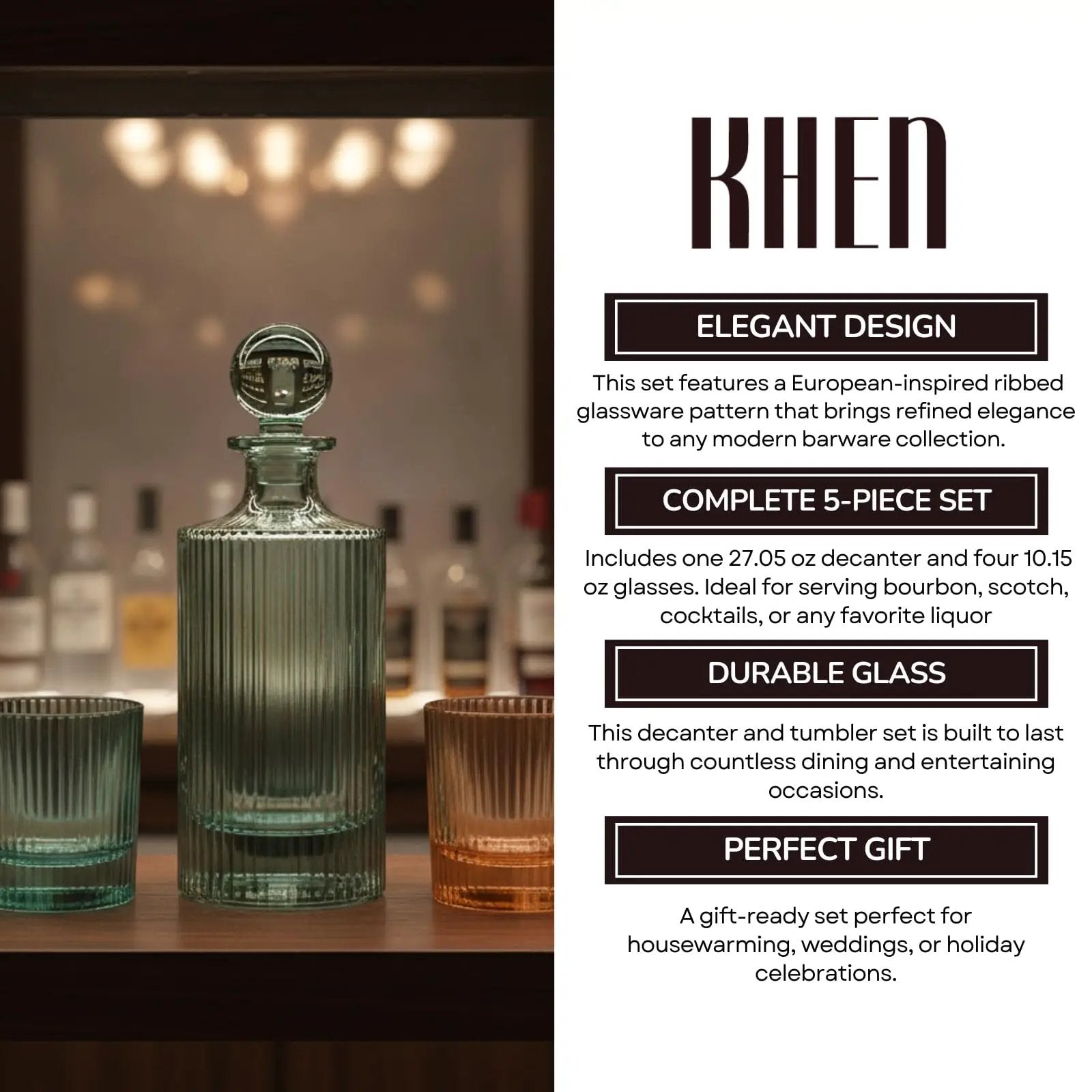 Khen Ribbed Decanter Set with 4 Glasses – Whiskey Bourbon Scotch from PriceLows™
