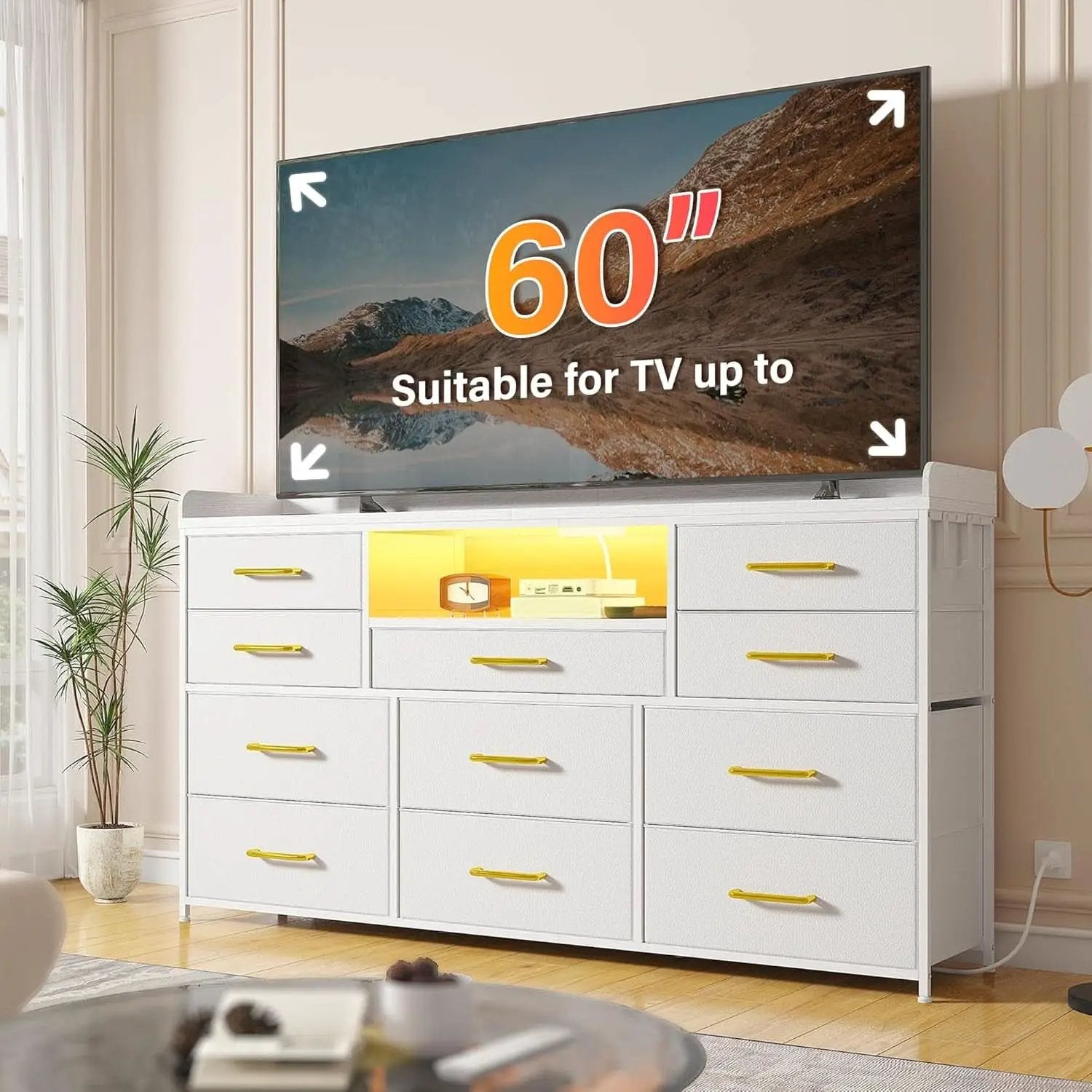 White Dresser TV Stand 60 Inch With LED And 11 Drawers from PriceLows™