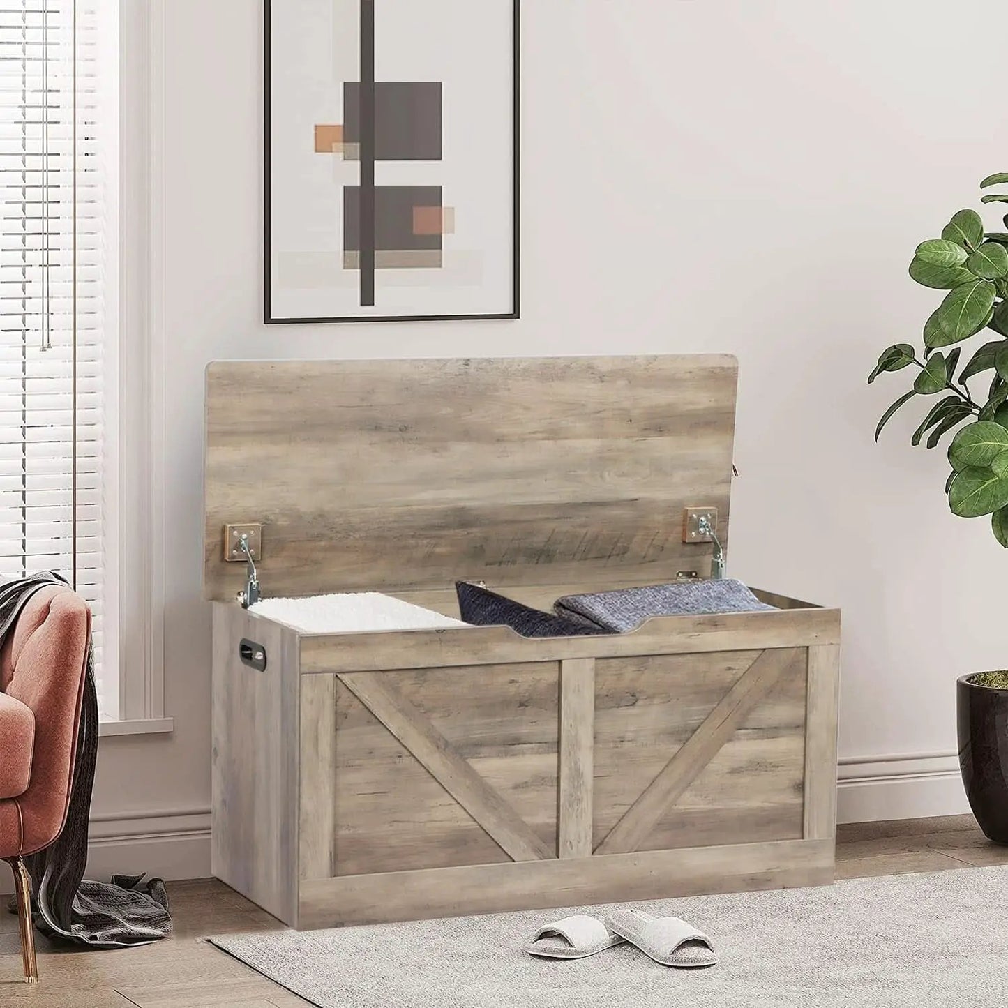 Grey Wooden Entryway Storage Bench Chest With Safety Hinges 39.4 Inch from PriceLows™