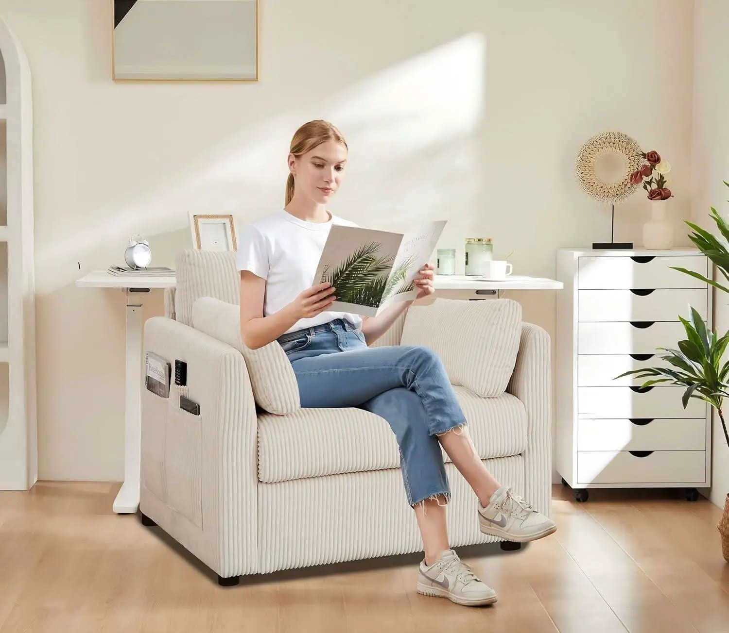 Beige 38 Inch Modern Upholstered Accent Reading Armchair from PriceLows™