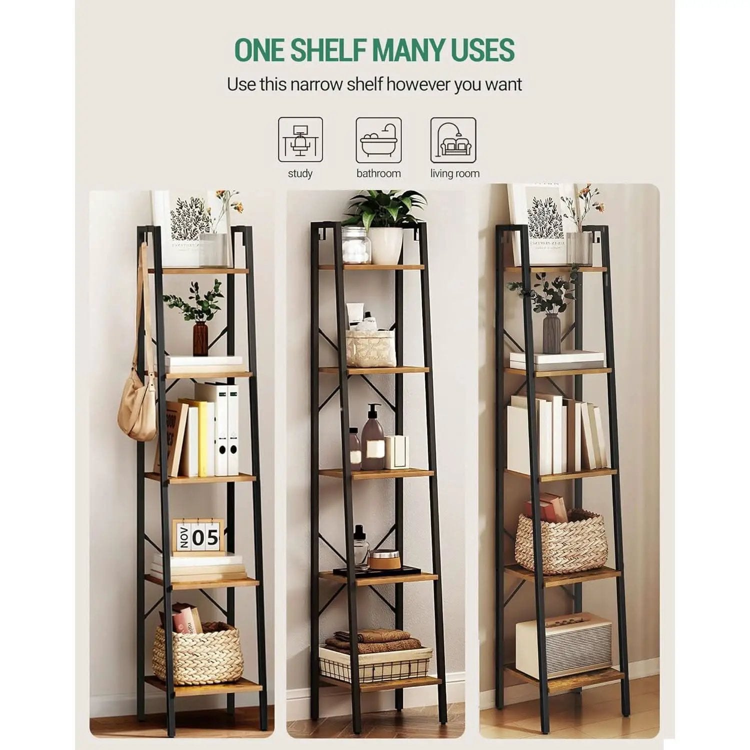 Ladder Shelf Bookcase 5 Tier Rustic Brown Freestanding from PriceLows™