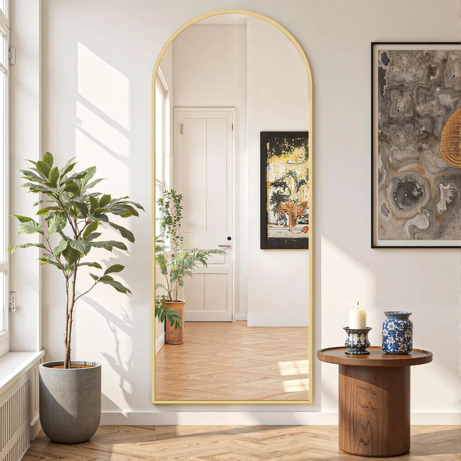 Mirror Full Length 64"X21" Full Body Floor Mirror with Stand, Shatterproof Glass, Aluminum Alloy Frame, Free Standing Wall Mounted or Leaning Arched Mirrors for Bedroom Living Room Entryway from PriceLows™