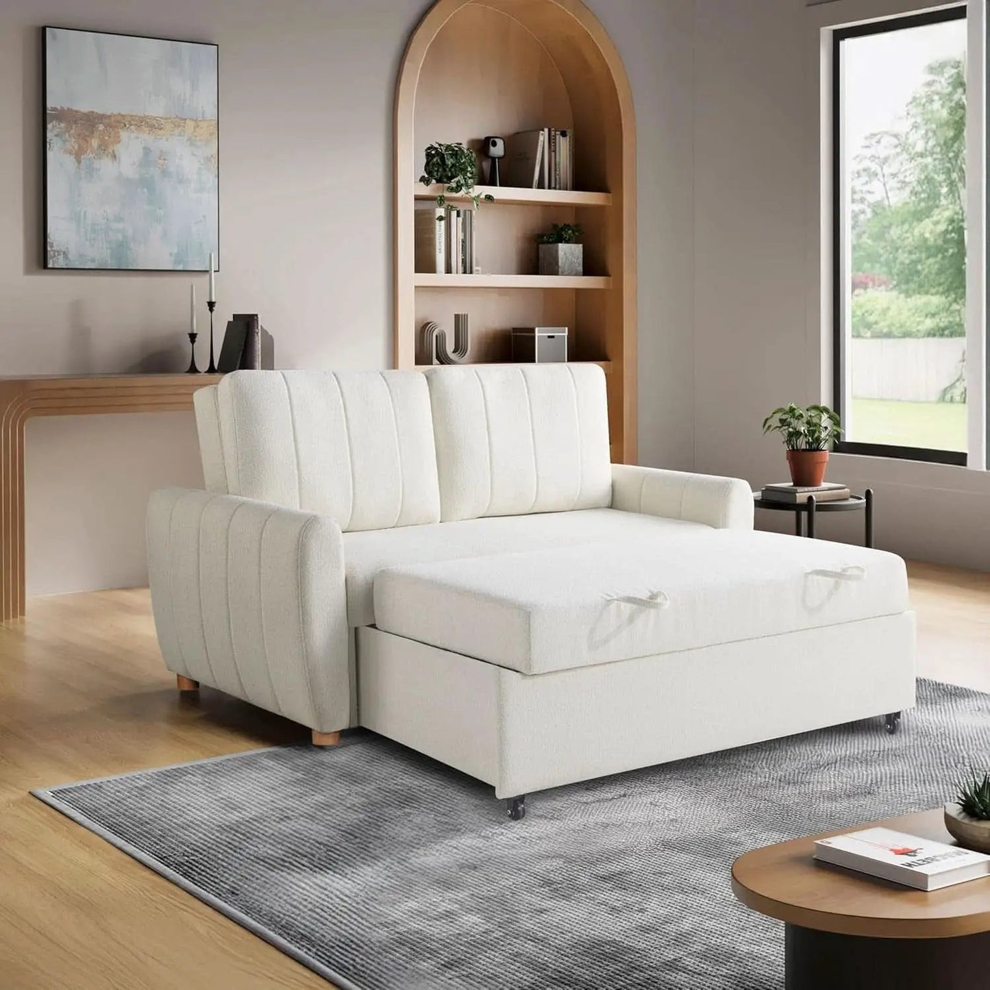 Convertible Sleeper Loveseat 66 Inch Polyester Ivory from PriceLows™