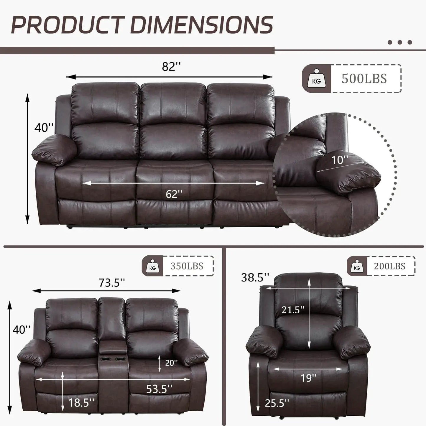 Manual Recliner Sofa Set Brown Three Piece Living Room Furniture from PriceLows™