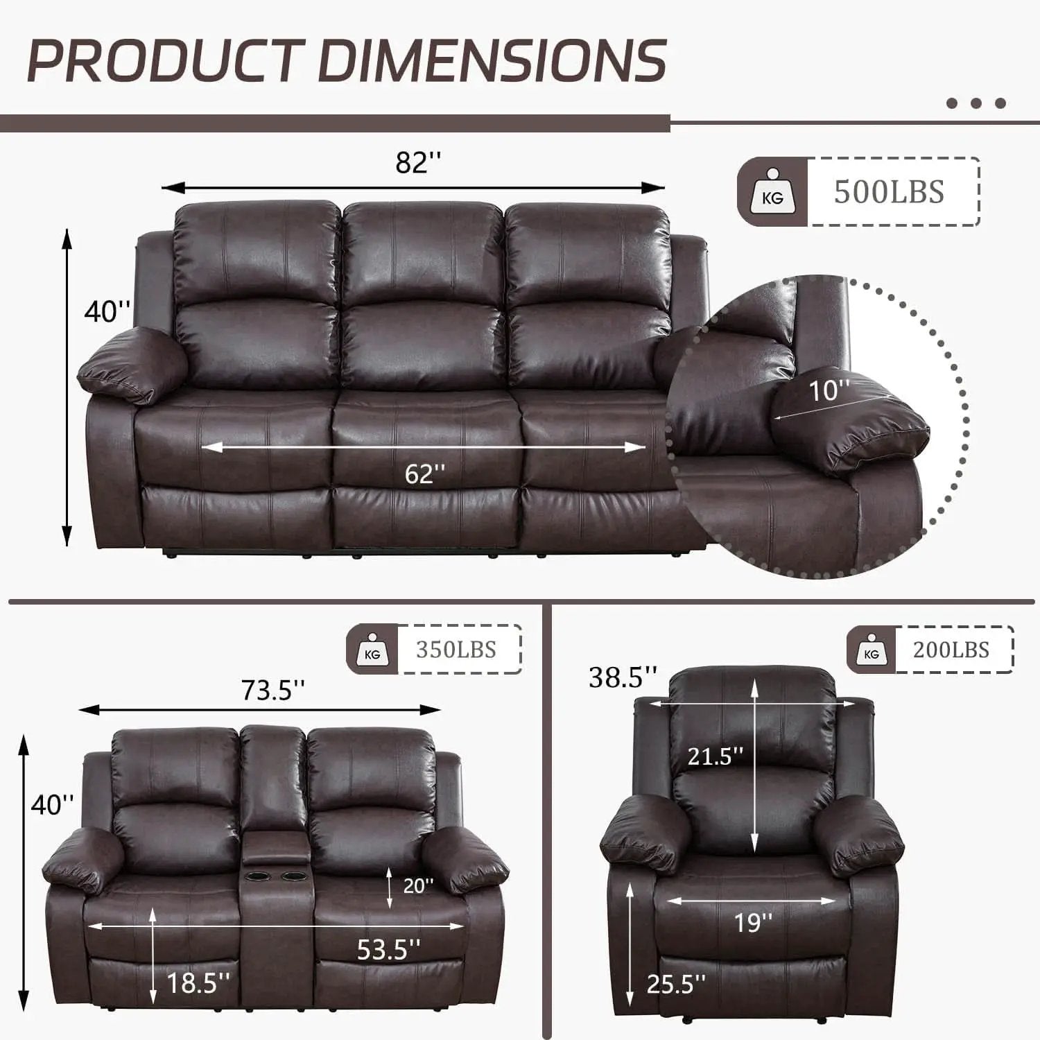 Manual Recliner Sofa Set Brown Three Piece Living Room Furniture from PriceLows™