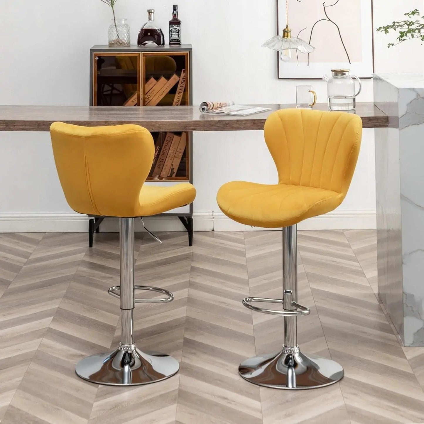 Yellow Adjustable Swivel Bar Stools Set Of 2 For Kitchen from PriceLows™