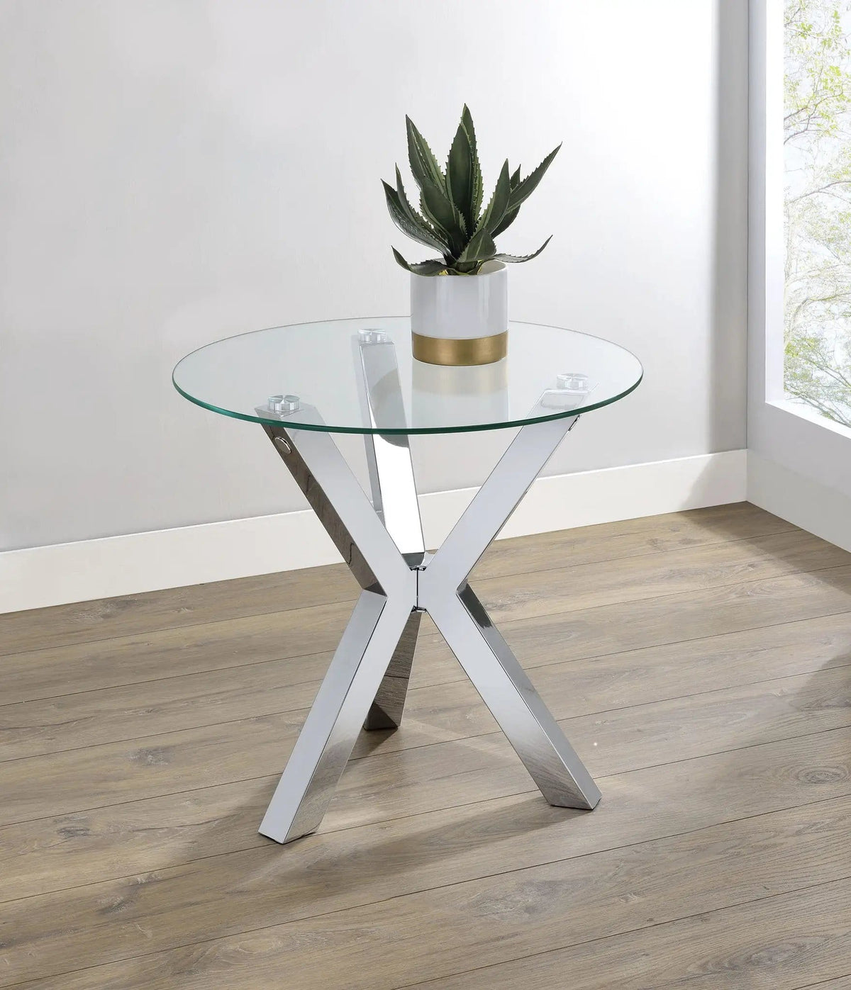 Kenzie Round Tempered Glass Top End Side Table Chrome | 23.5 x 23.5 x 23.25 in | Tempered Glass & Steel | Living Room