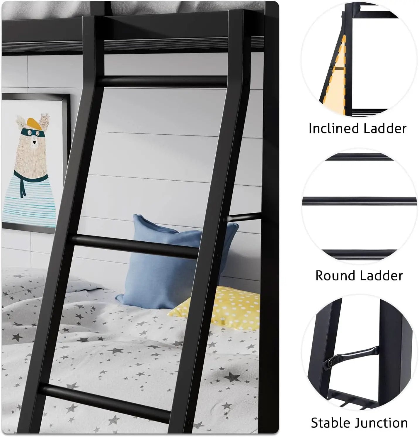 Twin Over Twin Metal Bunk Bed Black Guardrail And Ladder from PriceLows™