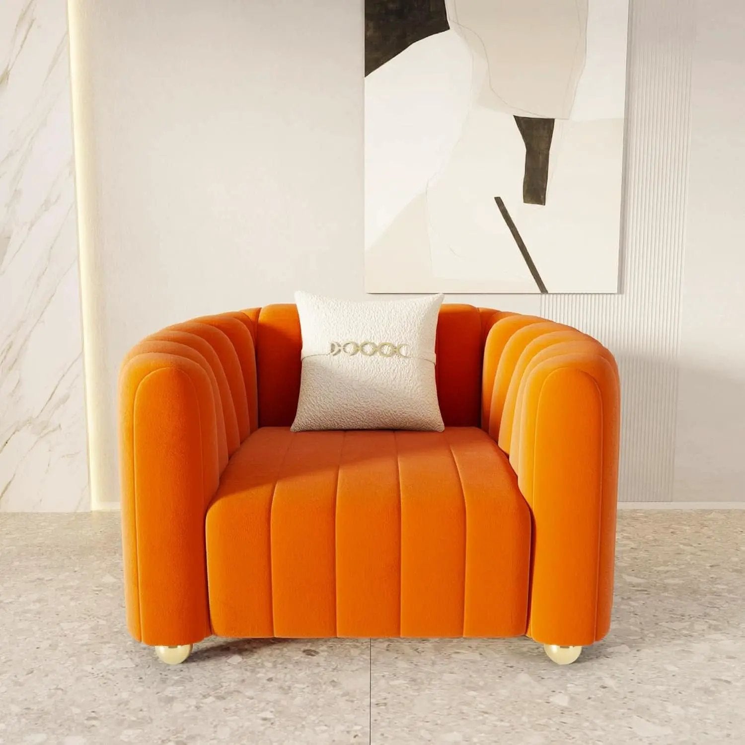 Orange Velvet Tufted Sofa Set With Gold Ball Legs Modern from PriceLows™