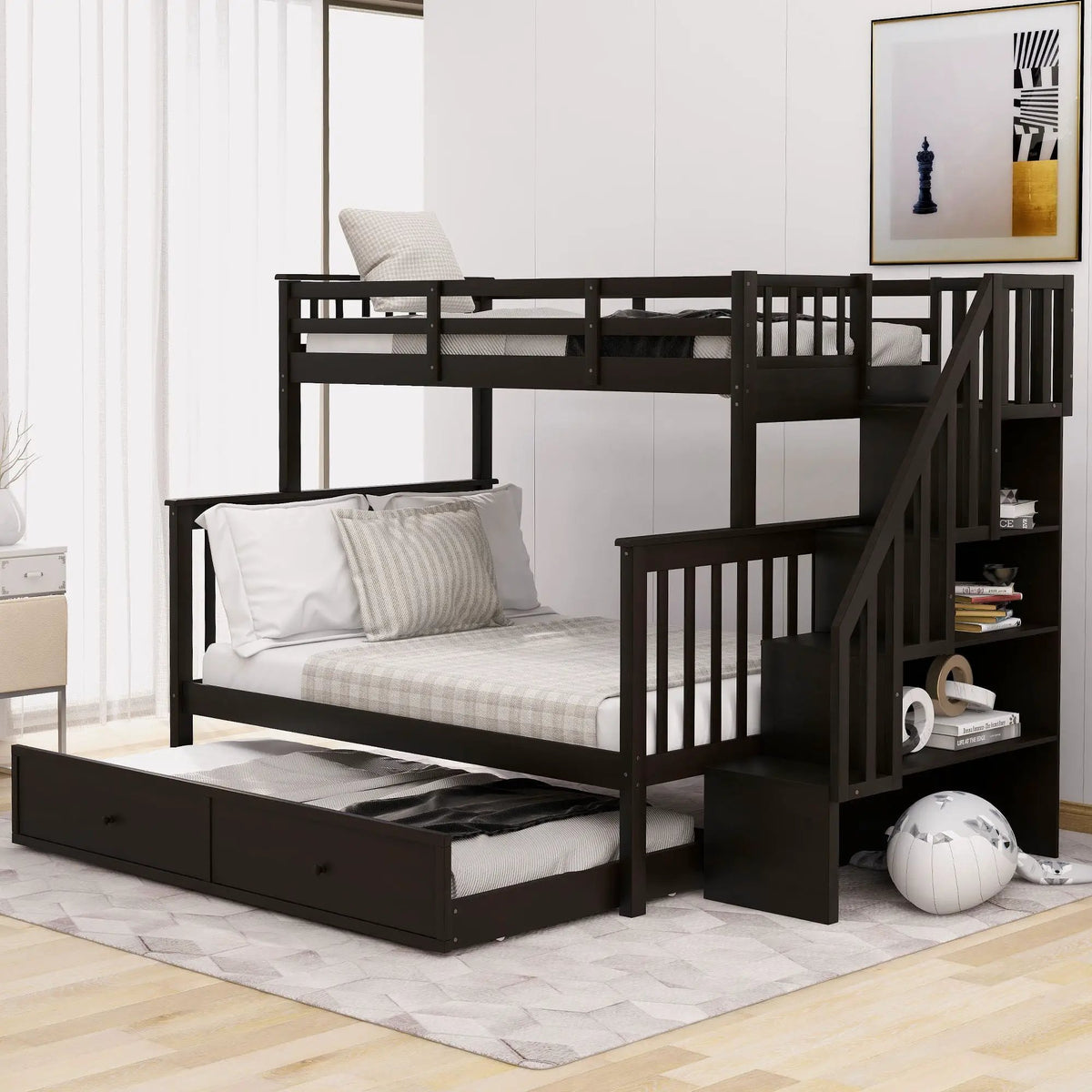 Twin Bunk Bed With Trundle | Hidden Stair Storage | Guard Rail | Bedroom Furniture