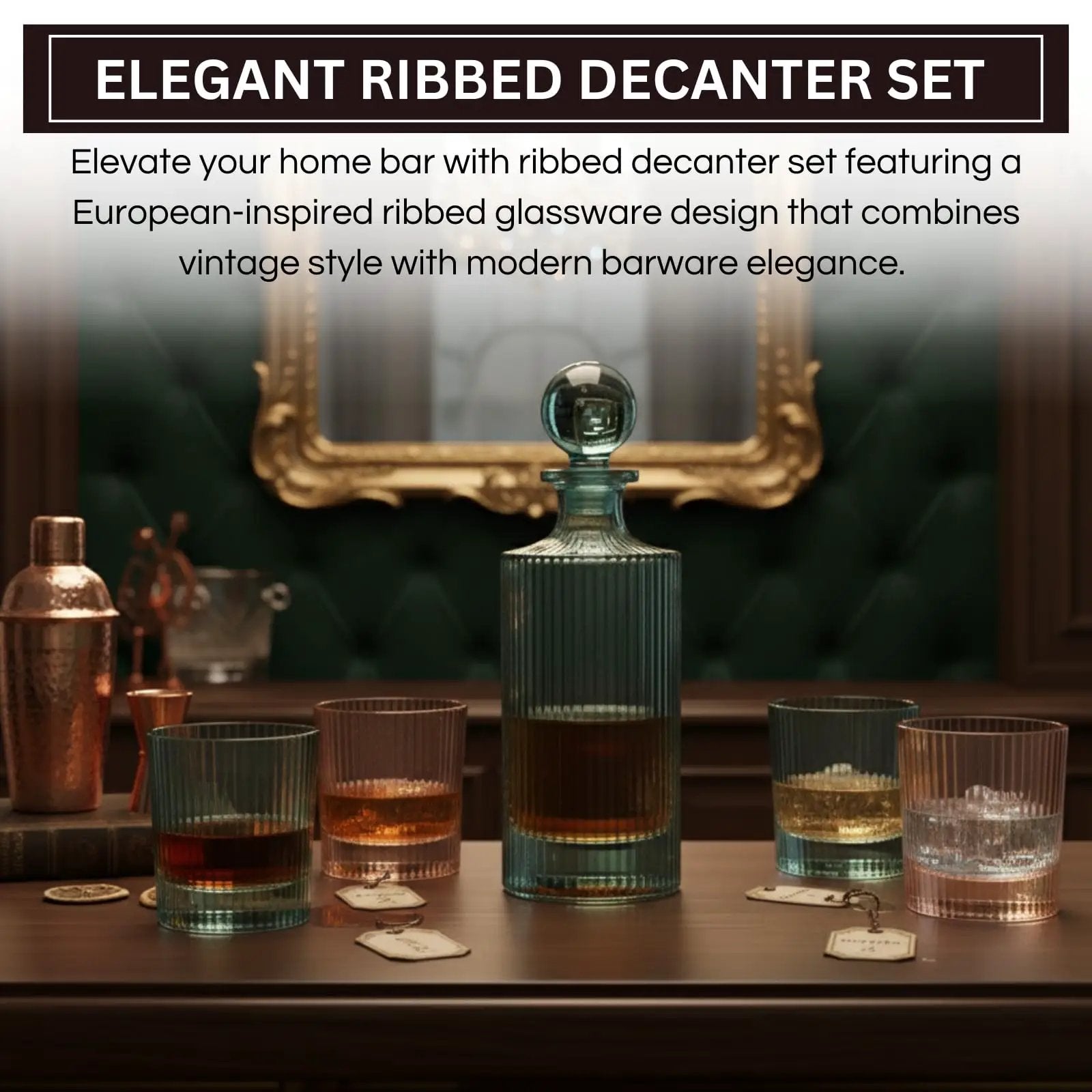 Khen Ribbed Decanter Set with 4 Glasses – Whiskey Bourbon Scotch from PriceLows™
