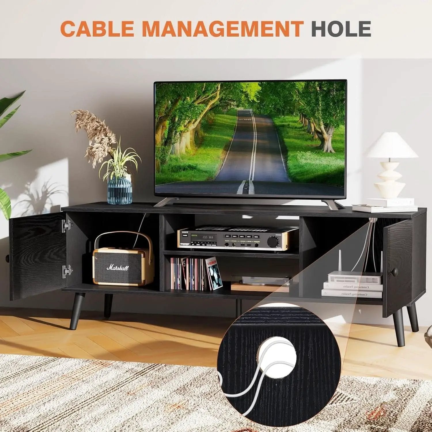TV Stand For 55-60 Inch TVs Black With Two Cabinets Storage from PriceLows™