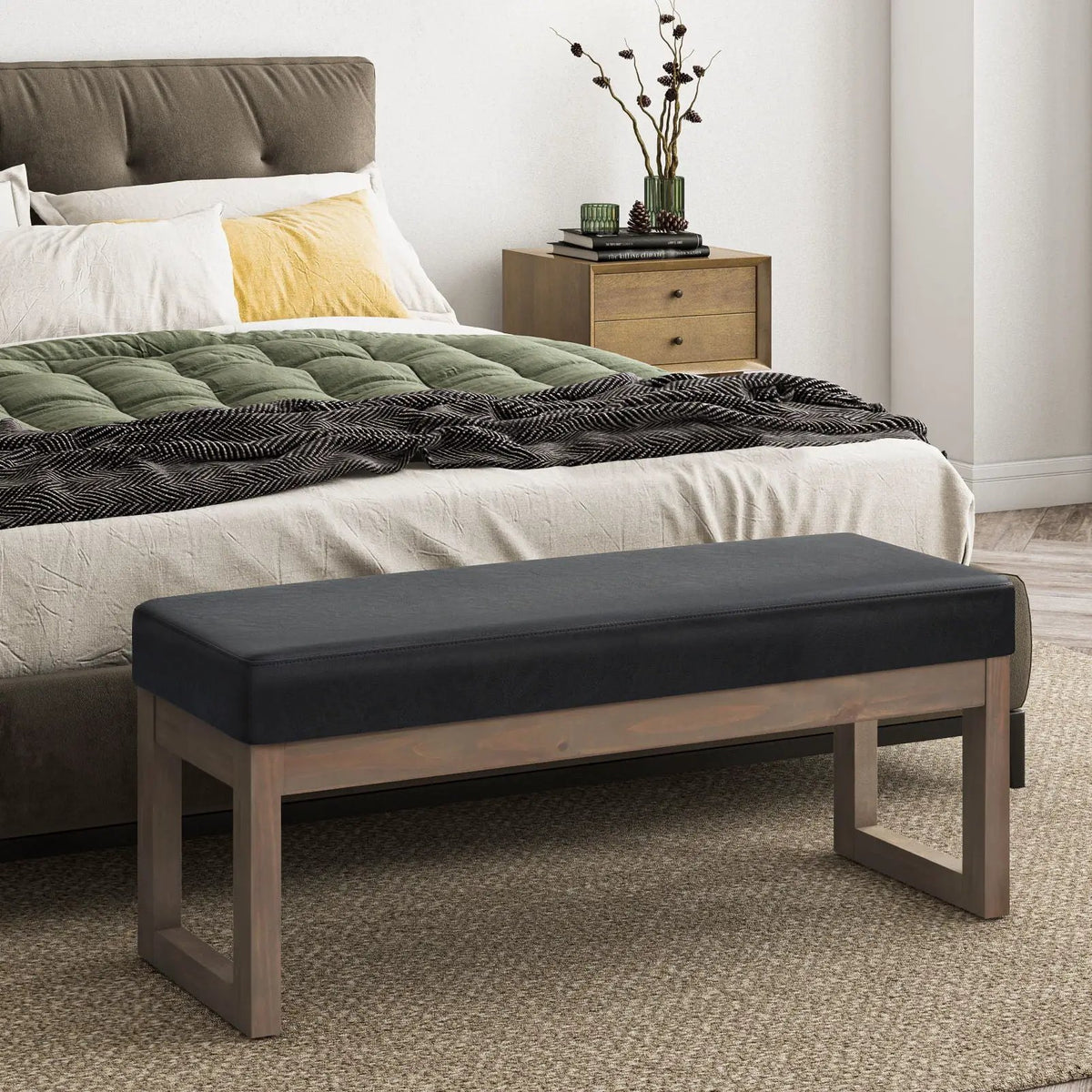 Milltown Upholstered Ottoman Bench | Driftwood Solid Wood Base | Versatile Design | 44.5 Inch Width