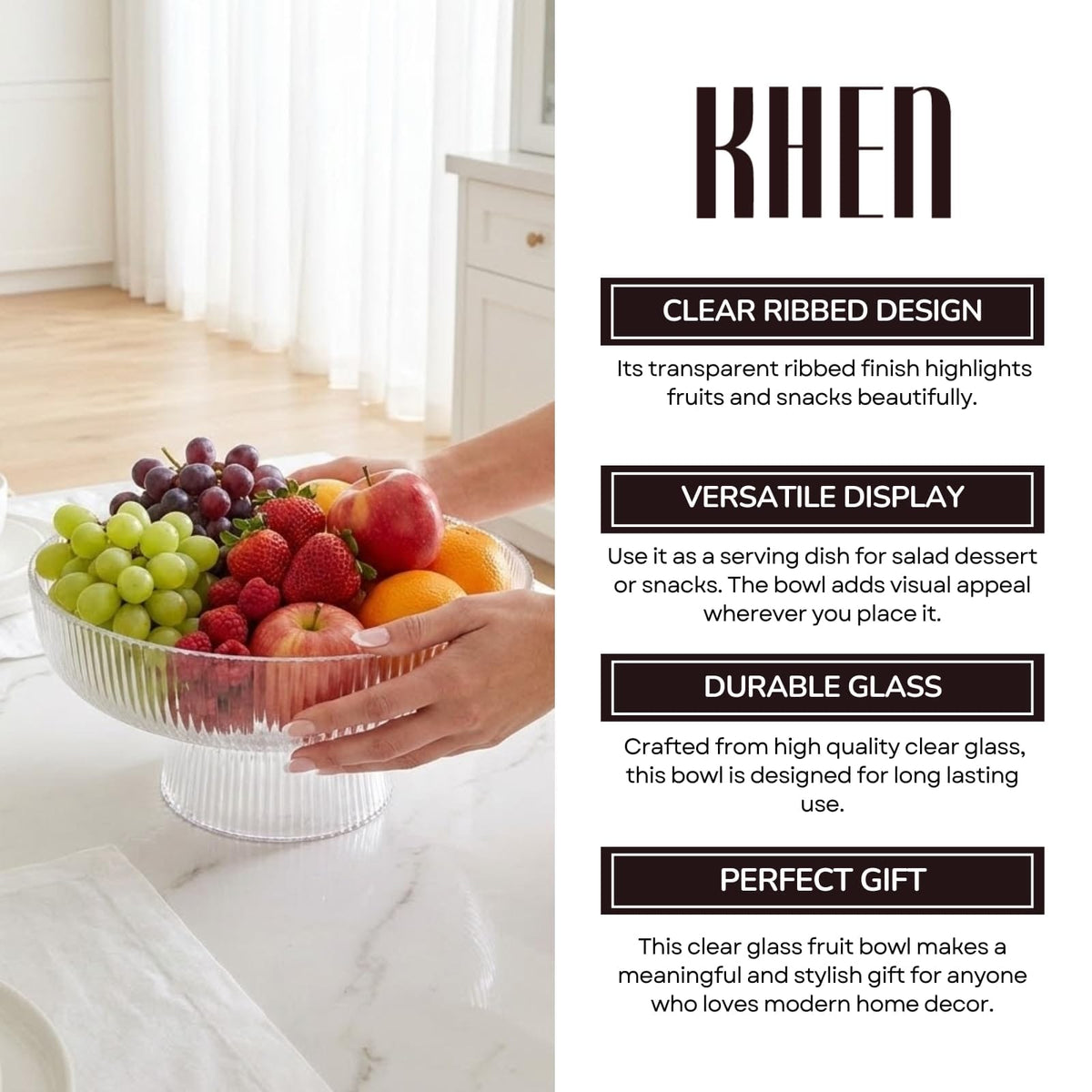 Decorative Fluted Transparent Glass Bowl, Fruit, Snacks Sweets | Glass | Decorative Bowl | Entertaining