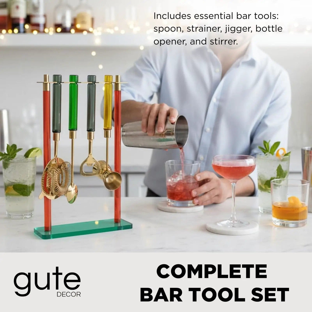 5-PC Gold Bartender Kit with Stand & Color Handles | Set of 5 | Steel | Bottle Opener