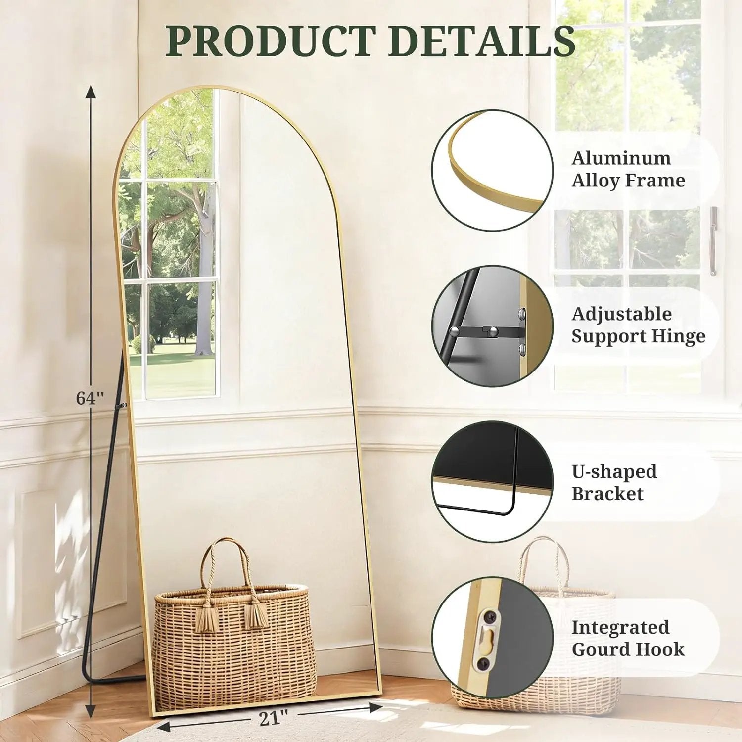 Mirror Full Length 64"X21" Full Body Floor Mirror with Stand, Shatterproof Glass, Aluminum Alloy Frame, Free Standing Wall Mounted or Leaning Arched Mirrors for Bedroom Living Room Entryway from PriceLows™