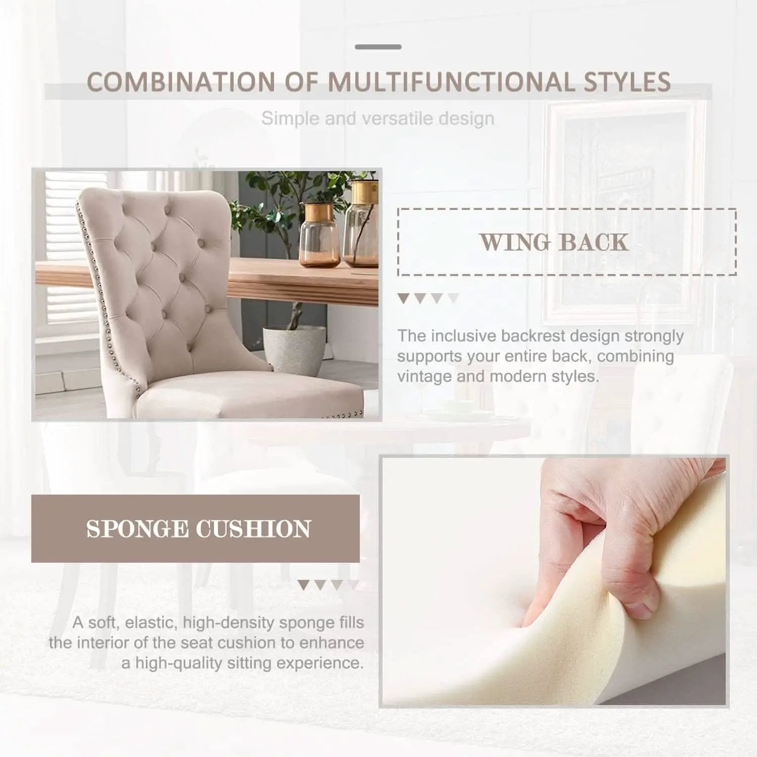 Beige Velvet Tufted Dining Chairs With Nailhead Trim Set Of 6 from PriceLows™