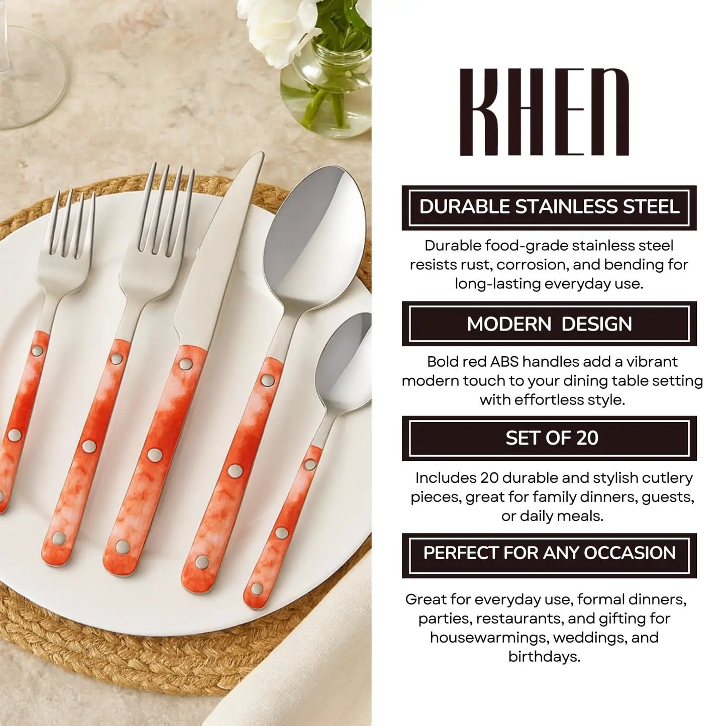 Khen 20-Piece Cutlery Set with Dinner Knives, Forks, Spoons, Salad Forks & Teaspoons from PriceLows™