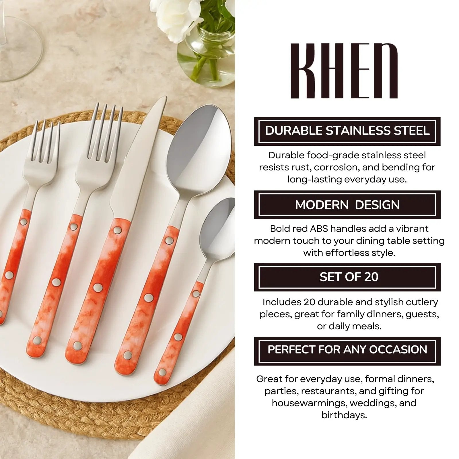 Khen 20-Piece Cutlery Set with Dinner Knives, Forks, Spoons, Salad Forks & Teaspoons from PriceLows™