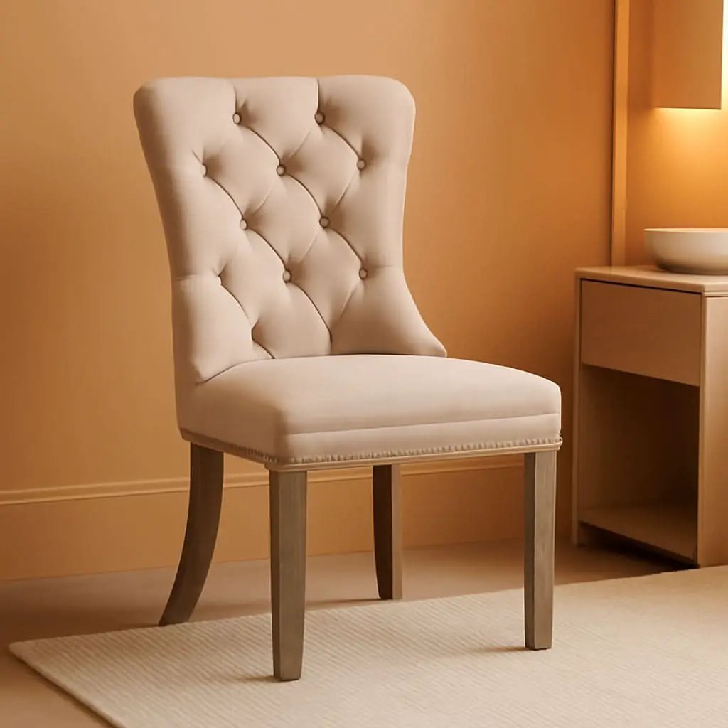 Beige Velvet Tufted Dining Chairs With Nailhead Trim Set Of 6 from PriceLows™