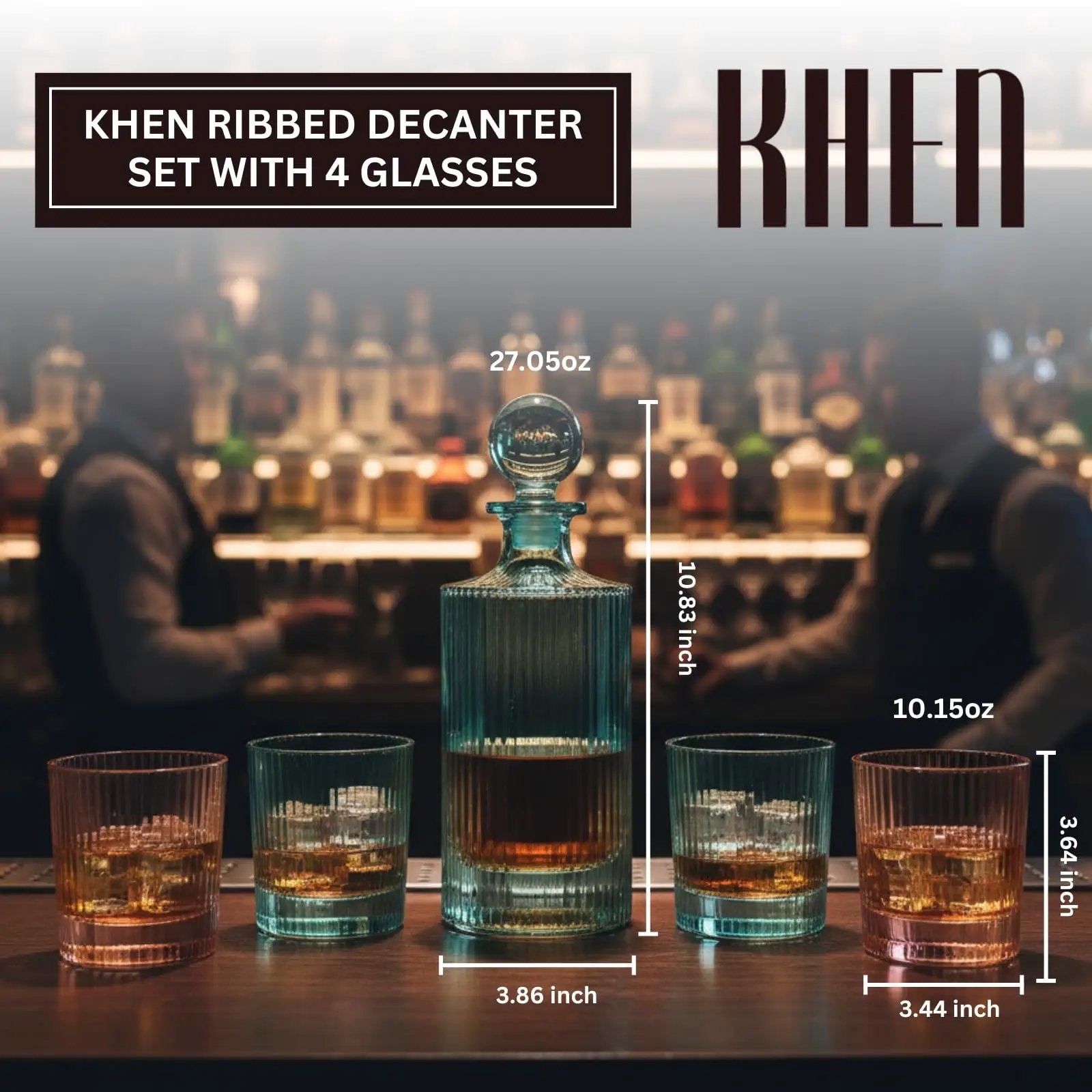 Khen Ribbed Decanter Set with 4 Glasses – Whiskey Bourbon Scotch from PriceLows™