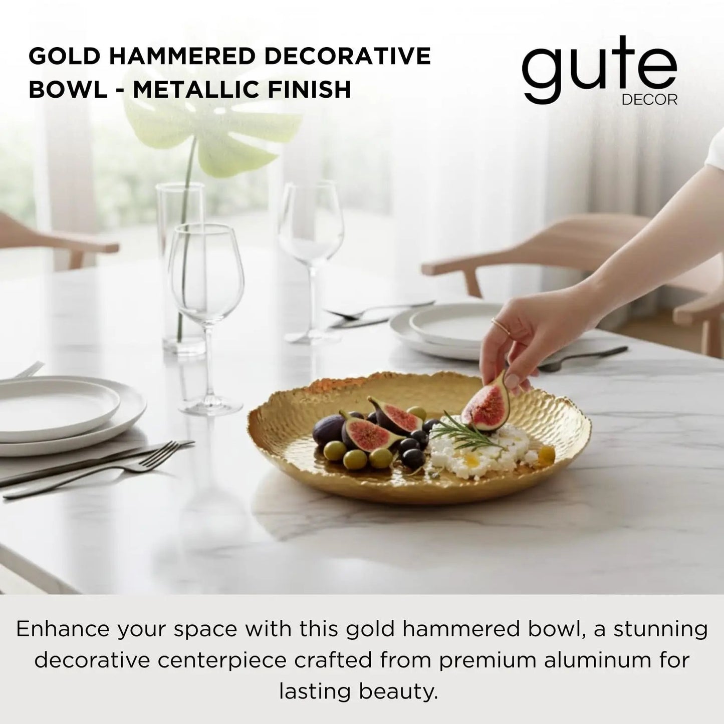 Gold Hammered Decorative Bowl Elegant Aluminum Centerpiece from PriceLows™