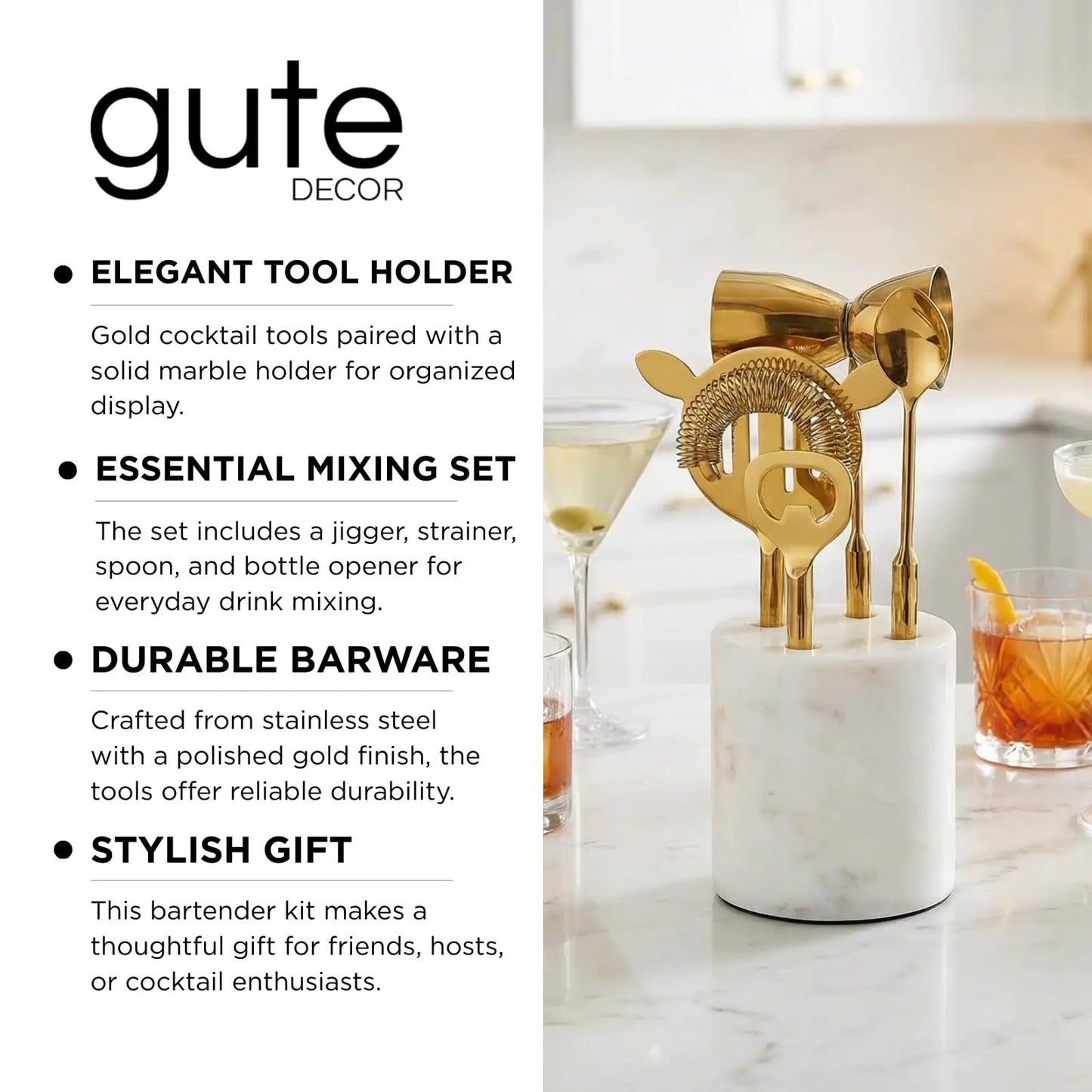 Gold Marble Cocktail Bar Tool Set, 5 Piece 9.06 x 3.75 Inch White Stone Holder Stainless Steel from PriceLows™