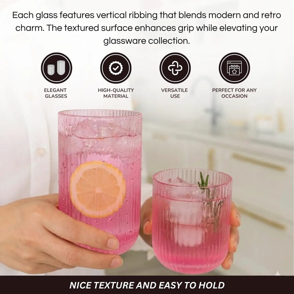 Ribbed Glasses - 4 Highball Glasses & 4 Lowball | 12.85 oz | Set of 8 | Drinkware Set