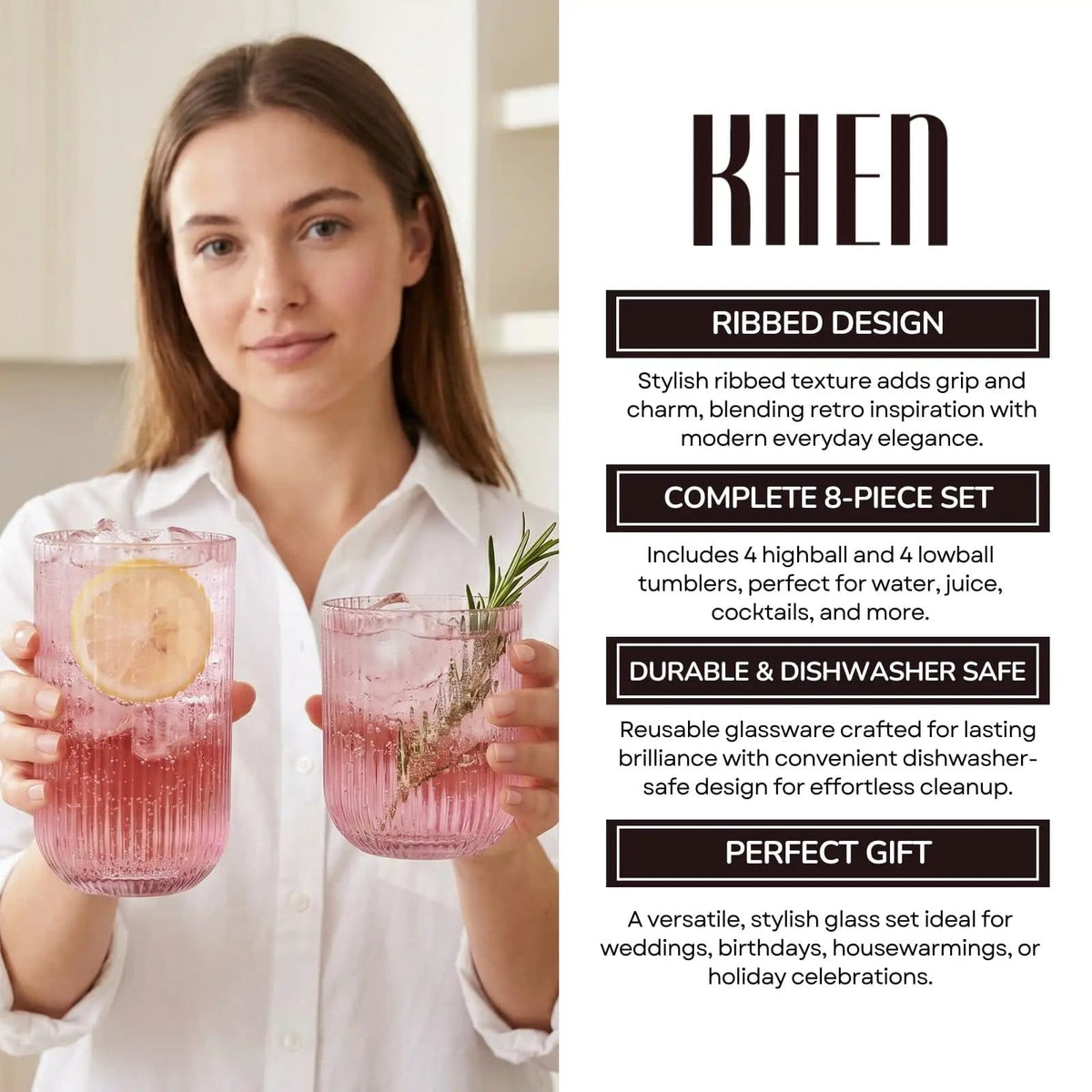 Ribbed Glasses - 4 Highball Glasses & 4 Lowball | 12.85 oz | Set of 8 | Drinkware Set