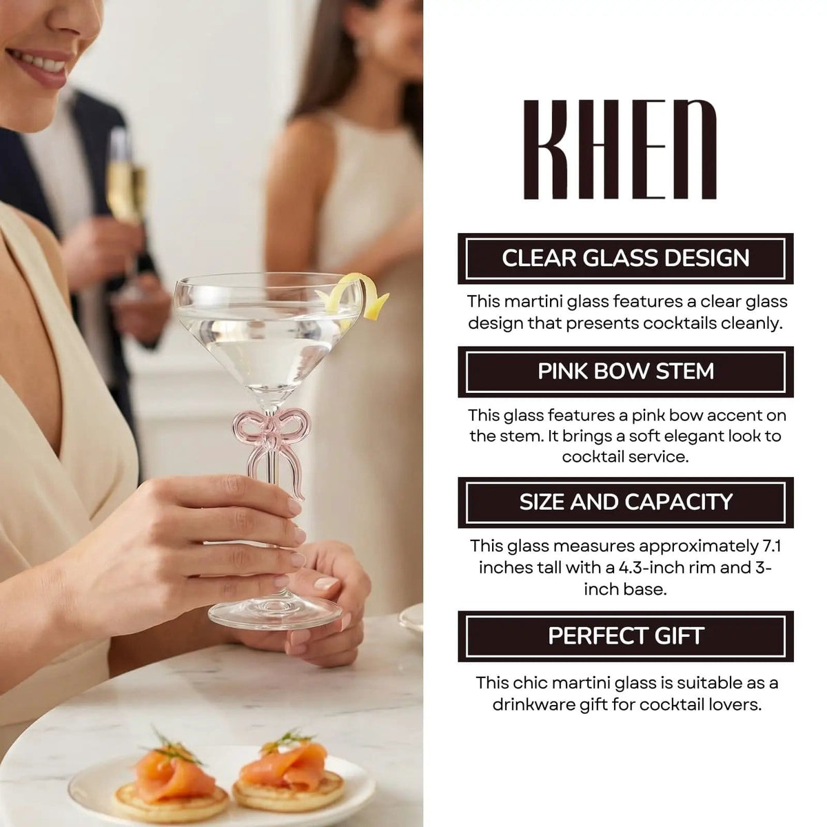 Single Clear Martini Glass with Pink Bow on Stem, One Piece | 10.8 oz | Glass | Cocktail Glass