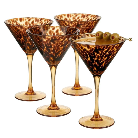 Tortoise Leopard Print Martini 9oz - Set of 4, 7.1" Spotted Borosilicate Cocktail Stem from PriceLows™