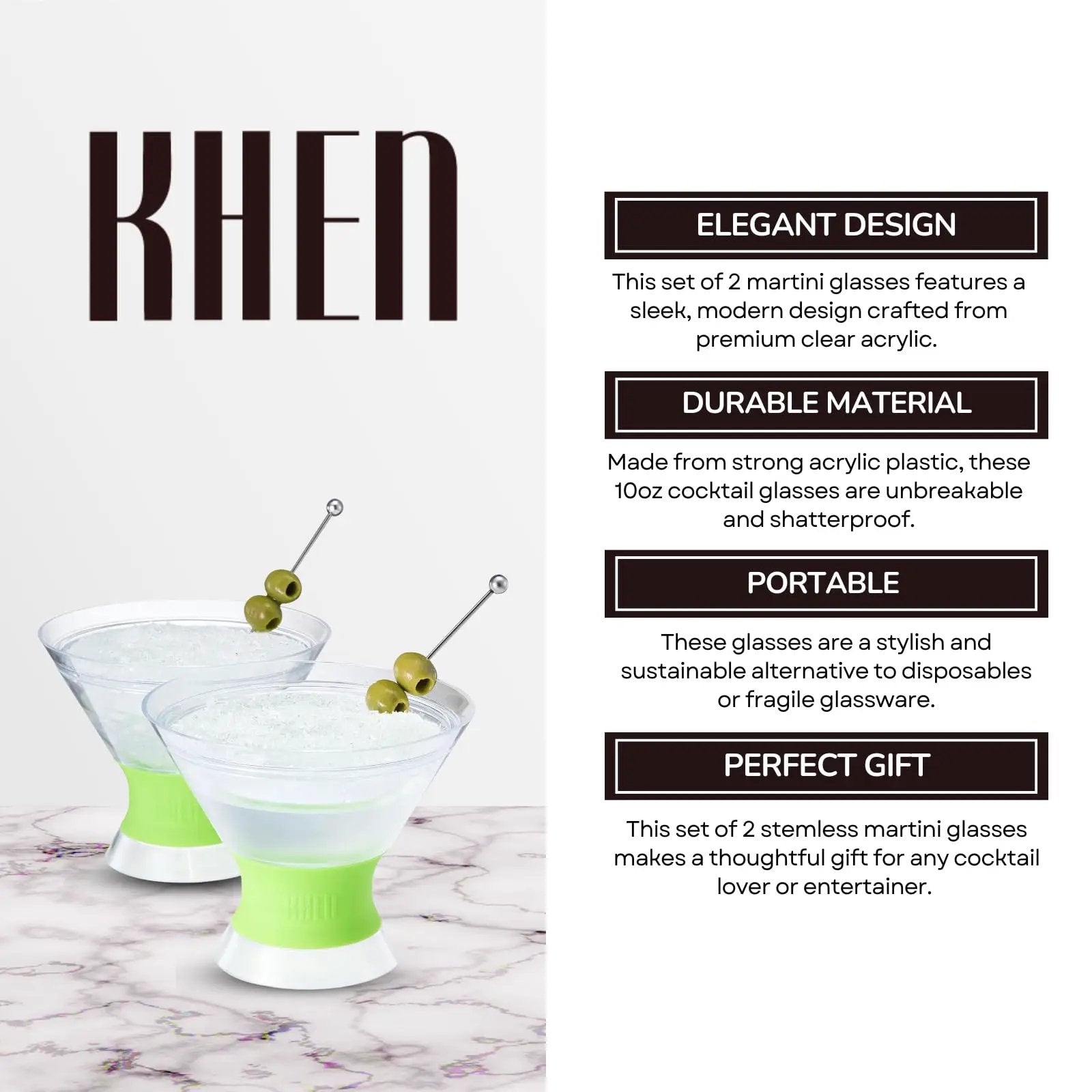 Khen Cooling Martini Glasses – Double-Wall Insulated 10 oz Cocktail Glasses with Frosted Base from PriceLows™