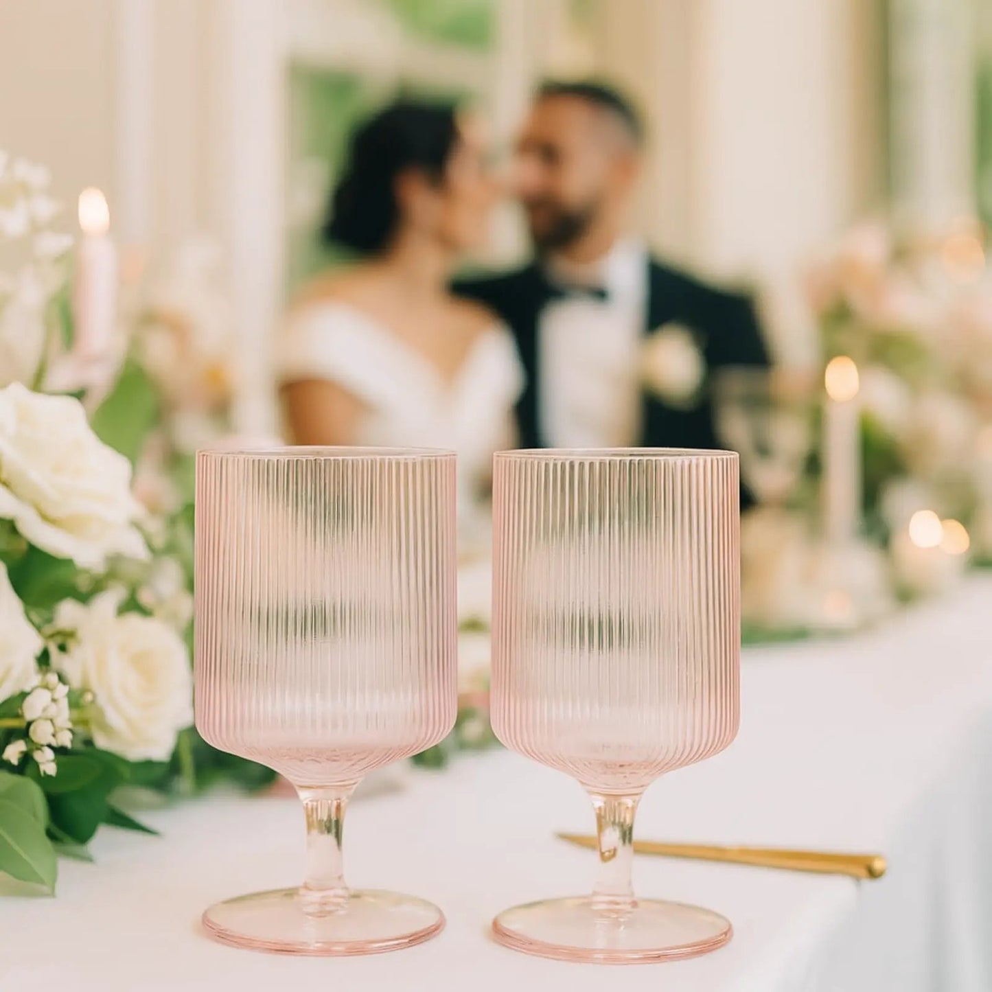 Khen Ripple Textured Blush Pink Stemmed Glass Wine Goblets | Set of 2 from PriceLows™