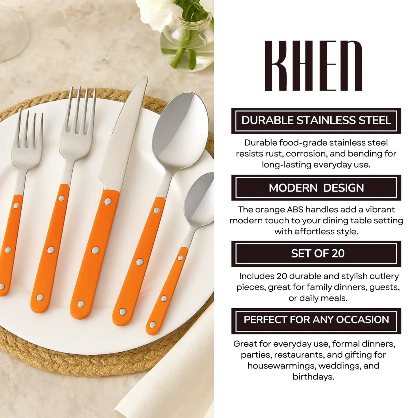 Khen 20-Piece Cutlery Set with Dinner Knives, Forks, Spoons, Salad Forks & Teaspoons from PriceLows™