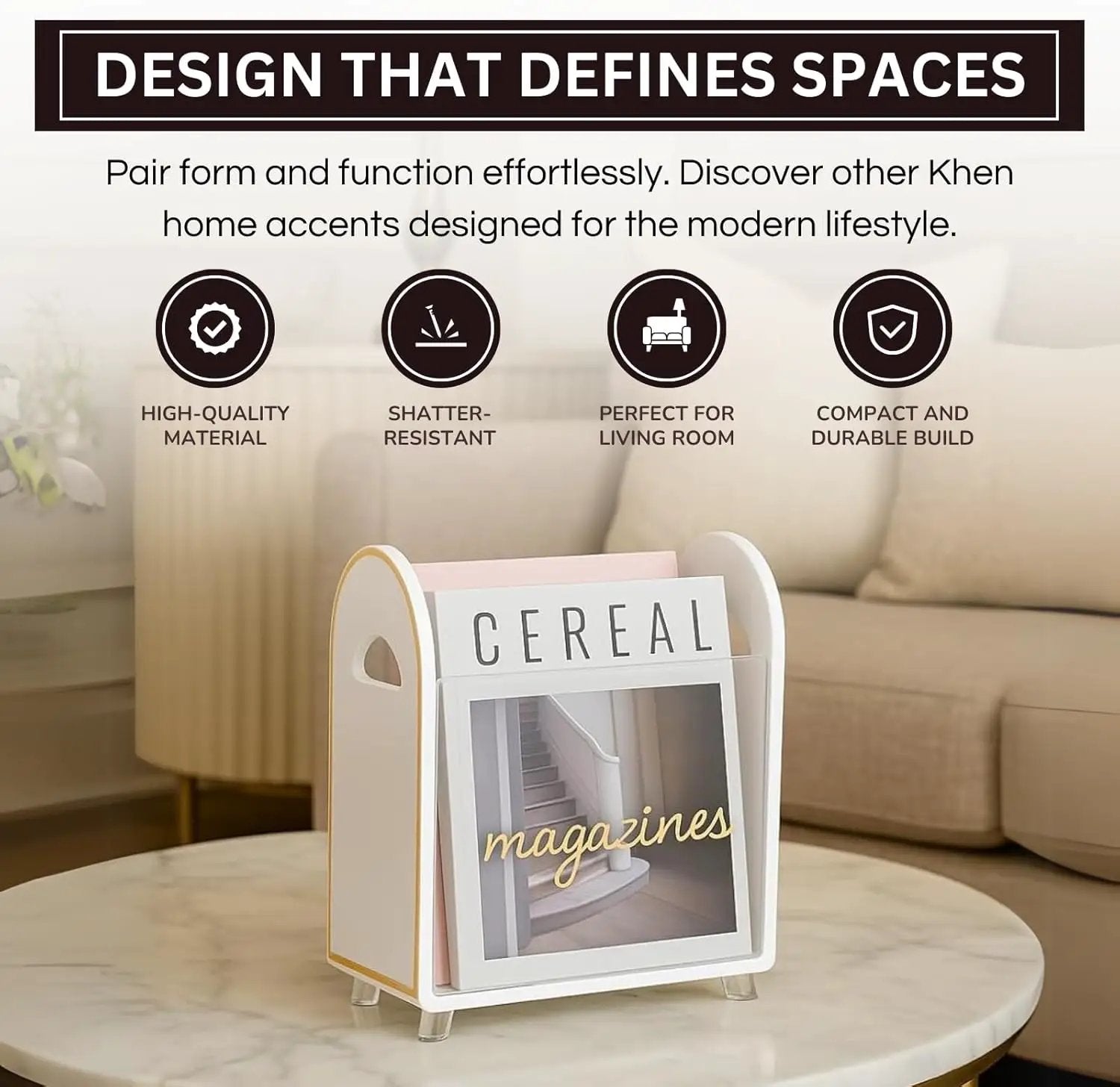 Khen Acrylic Magazine Holder with Gold Trim - 12.40" x 10" x 4.49" from PriceLows™