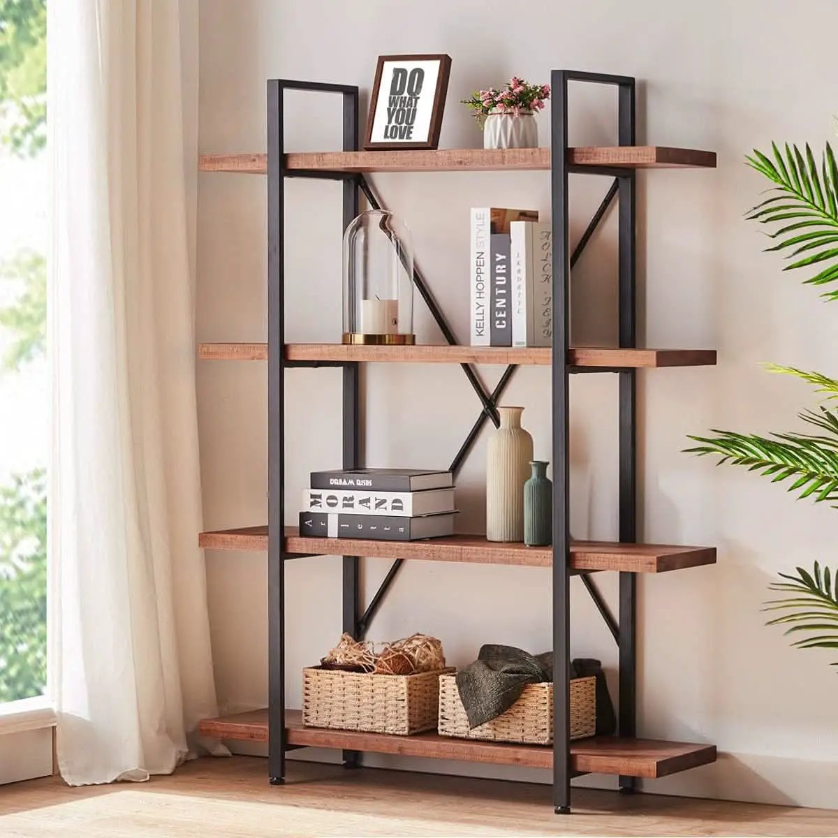 Four Tier Natural Wood Bookshelf Rustic Industrial from PriceLows™