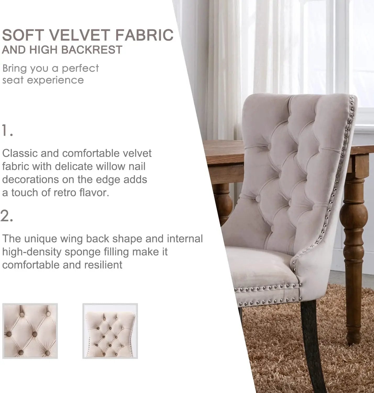 Velvet Dining Chairs Set of 6, Tufted Dining Room Chairs with Button Back, Nailhead Trim, Upholstered Dining Chairs for Kitchen, Bedroom, Restaurant (Beige) from PriceLows™