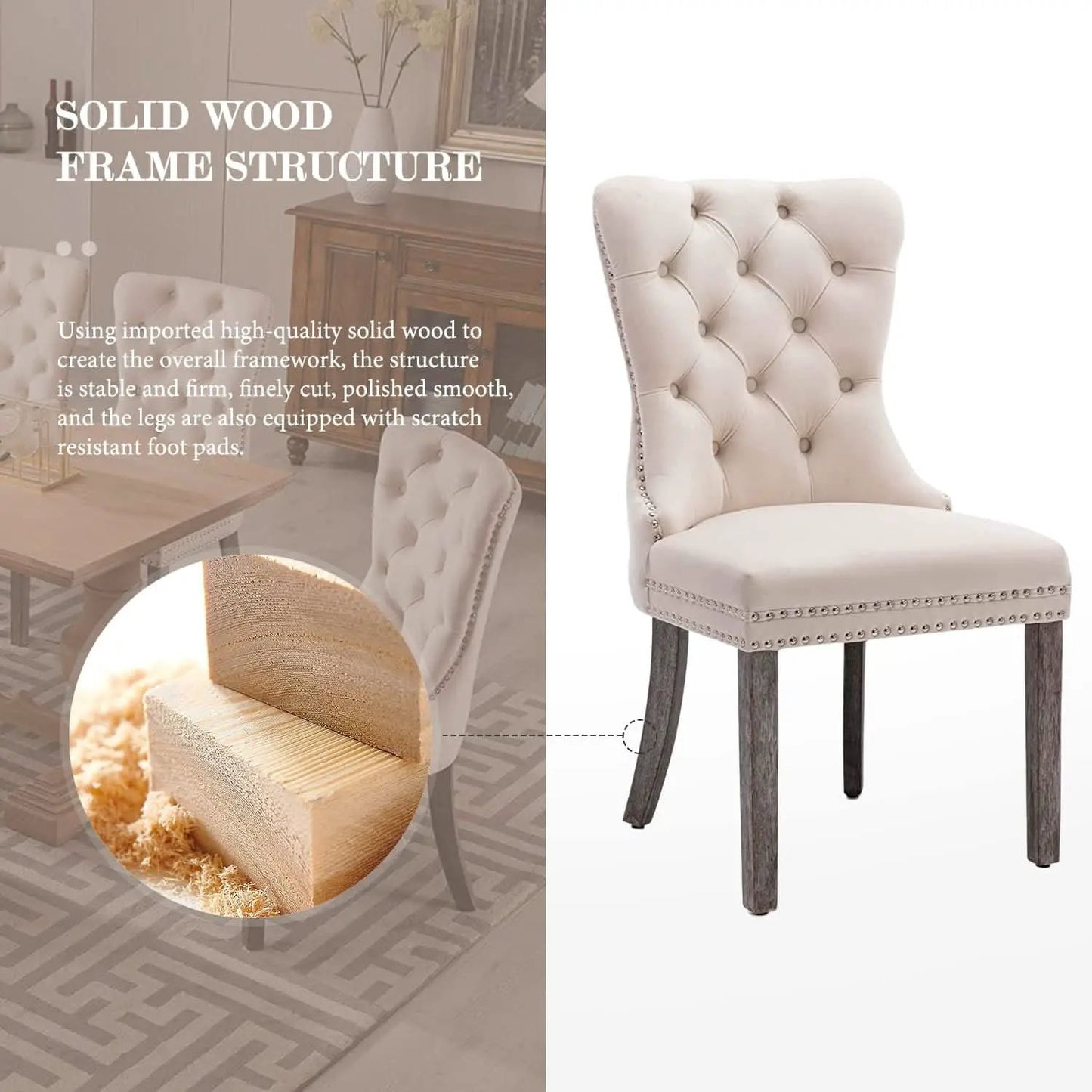 Beige Velvet Tufted Dining Chairs With Nailhead Trim Set Of 6 from PriceLows™