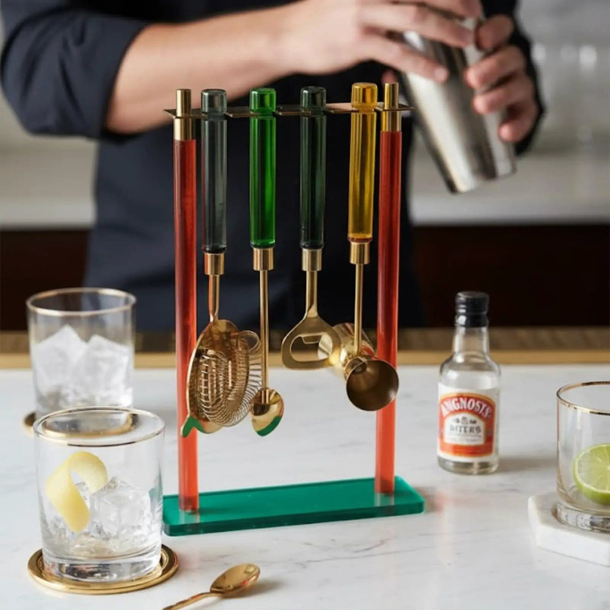 5-PC Gold Bartender Kit with Stand & Color Handles | Set of 5 | Steel | Bottle Opener