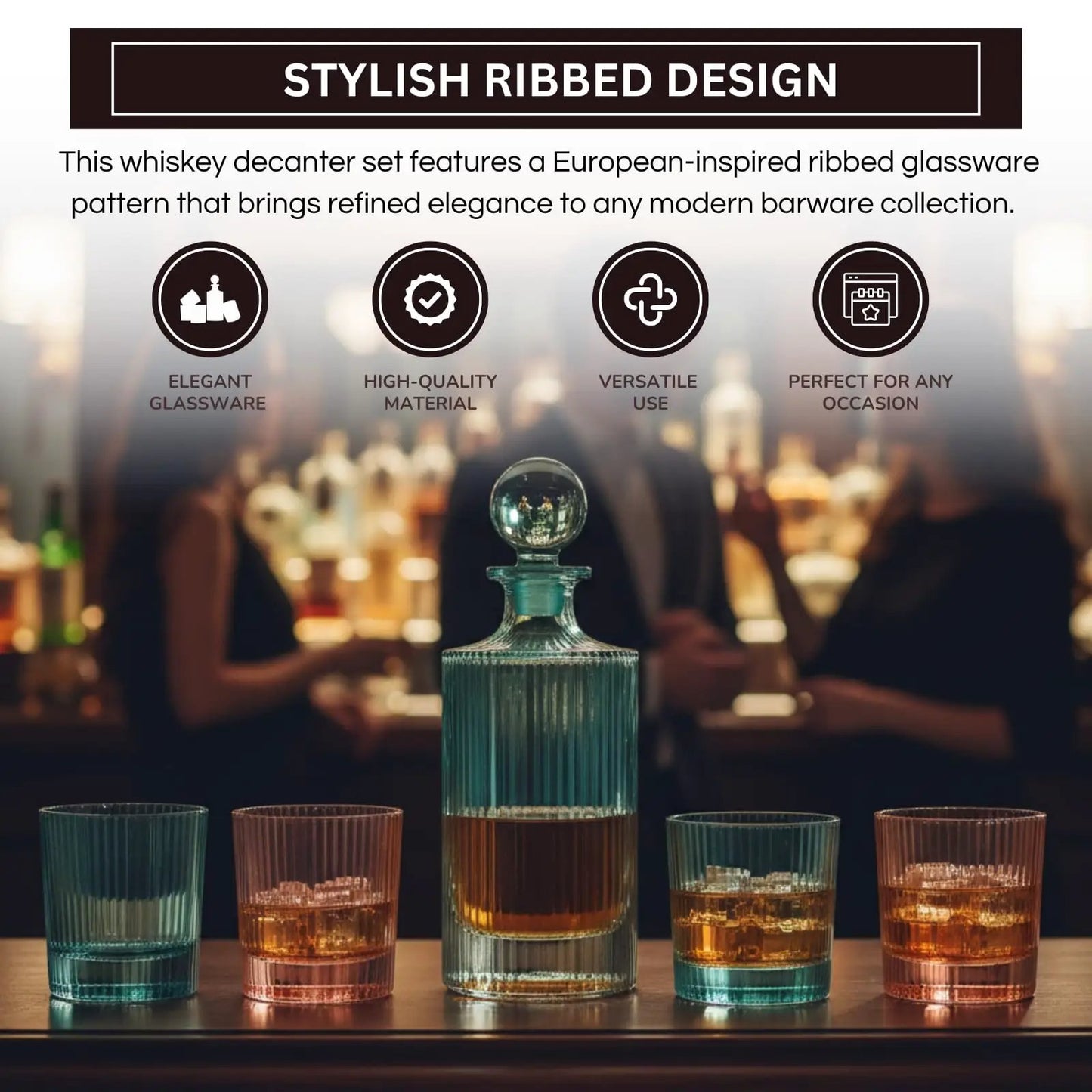 Khen Ribbed Decanter Set with 4 Glasses – Whiskey Bourbon Scotch from PriceLows™